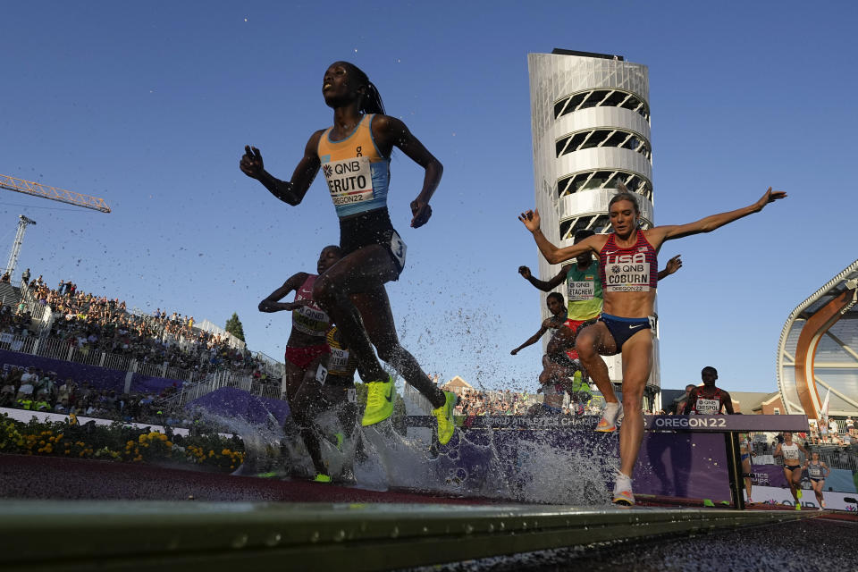 Norah Jeruto, of Kazakhstan, competes in the women's 3000-meter steeplechase final at the World Athletics Championships on Wednesday, July 20, 2022, in Eugene, Ore. (AP Photo/Charlie Riedel)