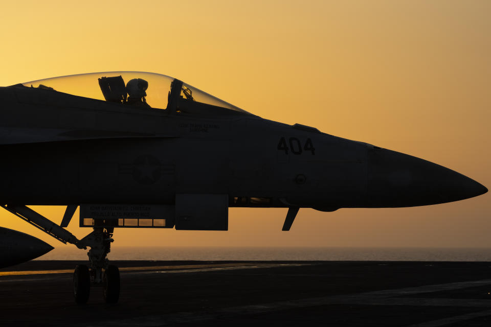 A fighter jet maneuvers on the deck of the USS Dwight D. Eisenhower in the Red Sea on Tuesday, June 11, 2024. The USS Dwight D. Eisenhower may be one of the oldest aircraft carriers in the U.S. Navy, but it’s still fighting — despite repeated false claims by Yemen’s Houthi rebels. (AP Photo/Bernat Armangue)