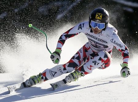 Anna Fenninger of Austria speeds down during the women's downhill first run of the Alpine Skiing World Cup in Garmisch-Partenkirchen March 7, 2015. REUTERS/Wolfgang Rattay