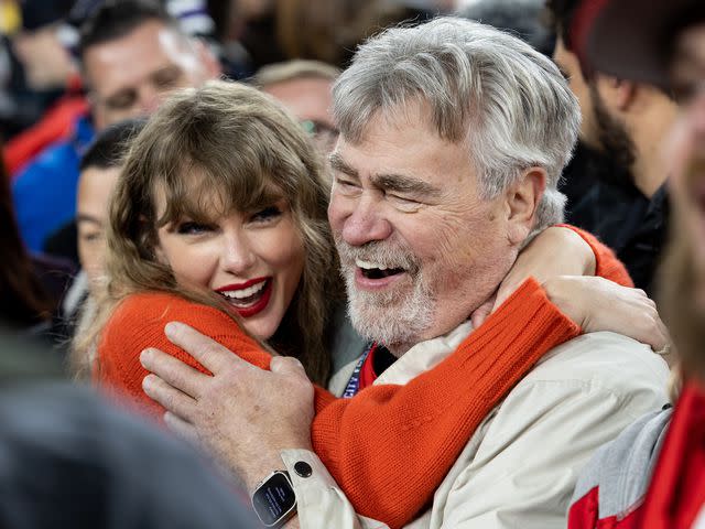 <p>Kara Durrette/Getty</p> Taylor Swift hugs Ed Kelce after the AFC Championship game