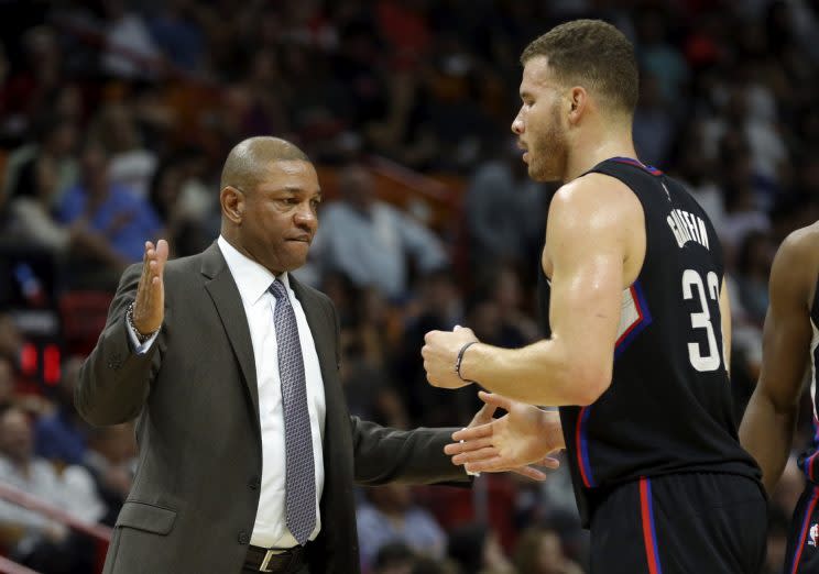 Doc Rivers and Blake Griffin execute a particularly awkward handshake. (AP)