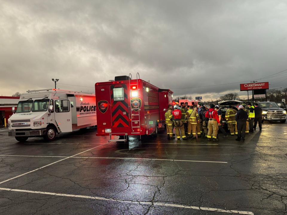 Emergency crews gather in Clarksville after a tornado reportedly touched down Saturday evening.