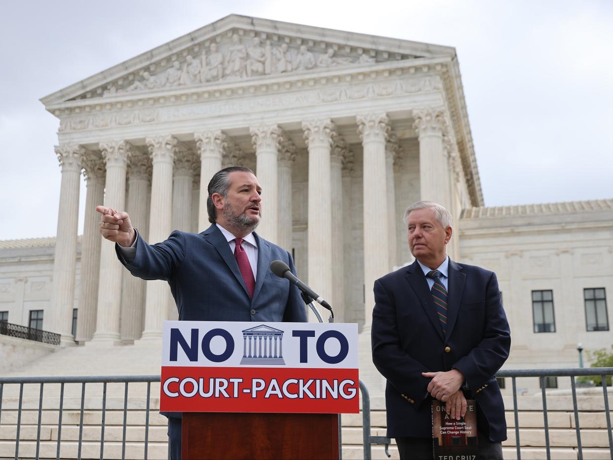 Ted Cruz and Lindsey Graham hold a news conference to voice their opposition to adding justices to the Supreme Court on April 22, 2021. (Getty Images)