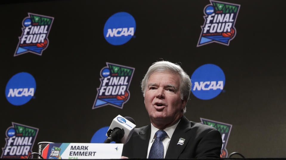 FILE - In this April 4, 2019, file photo, NCAA President Mark Emmert answers questions at a news conference at the Final Four college basketball tournament in Minneapolis. College athletes are continuing to function at high levels in the classroom but their Academic Progress Rate scores appear to be hitting a peak. The most recent statistics, released Wednesday, May 8, 2019, show this year’s overall four-year score matched last year’s record-high of 983 and that the four-year scores in football, men’s basketball and women’s basketball also matched last year’s marks. Baseball improved by one point to 976 while single-year scores at Historically Black Colleges declined slightly. “We are seeing some flattening of rates, which is not unusual given the large amount of data over a long period of time,” Emmert said in a statement. (AP Photo/Matt York, File)