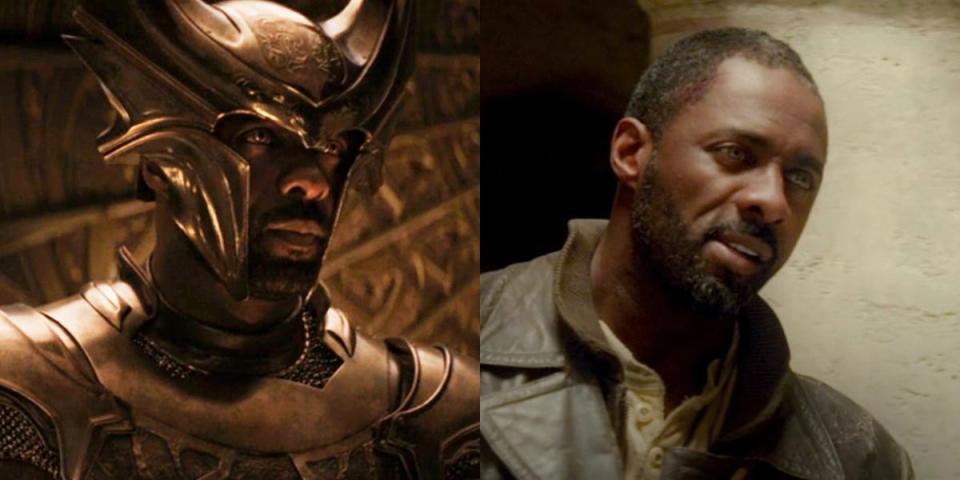 On the left: Idris Elba as Heimdall in "Thor: The Dark World." On the right: Elba in "Ghost Rider: Spirit of Vengeance."