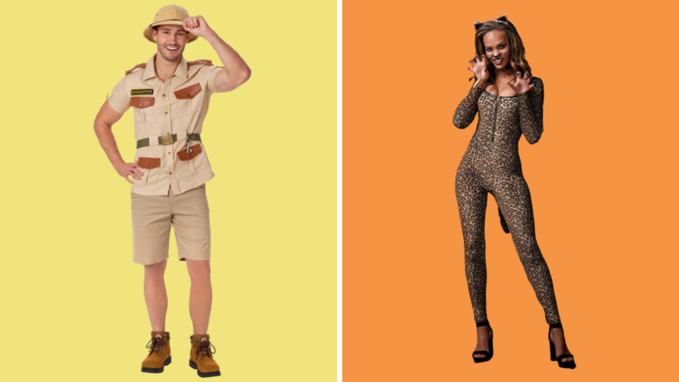 best couples costumes: Spirit Halloween Zookeeper Costume and Cheetah Catsuit