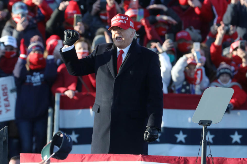 AVOCA, PENNSYLVANIA - NOVEMBER 02: President Donald Trump speaks at a rally on November 02, 2020 in Avoca, Pennsylvania. Donald Trump is crossing the crucial state of Pennsylvania in the last days of campaigning before Americans go to the polls on November 3rd to vote. Trump is currently trailing his opponent Joe Biden in most national polls. (Photo by Taylor Hill/Getty Images)