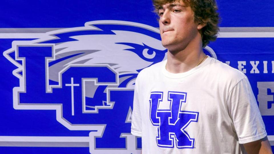 Lexington Christian Academy’s Cutter Boley, ranked the No. 2 quarterback in the country in the class of 2025 by Rivals.com, reveals his college choice, the University of Kentucky, during a Thursday, May 18, 2023 ceremony at the LCA campus. The 6-foot-5, 203-pound Boley choose the hometown Kentucky Wildcats over offers from schools such as Florida State, Michigan, Penn State and Tennessee.
