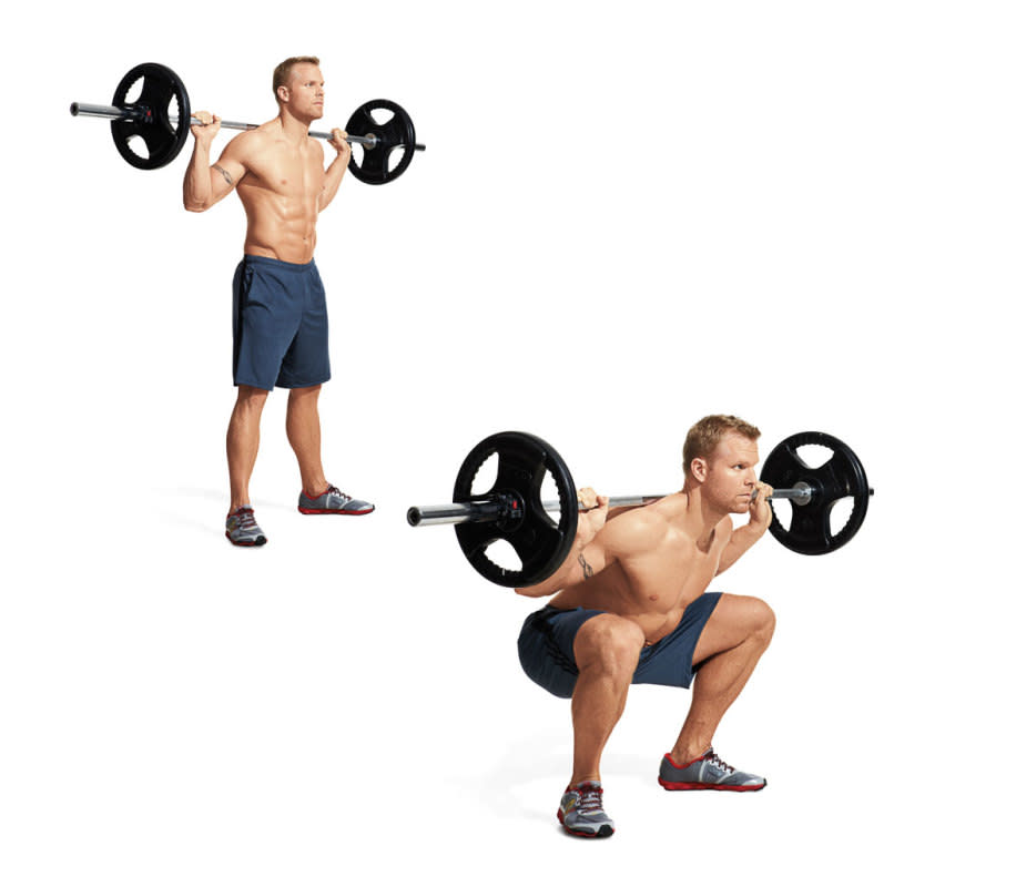 How to do it:<p> <strong>View the <a href="https://www.mensjournal.com/health-fitness/best-leg-exercises" rel="nofollow noopener" target="_blank" data-ylk="slk:original article;elm:context_link;itc:0;sec:content-canvas" class="link ">original article</a> to see embedded media.</strong> </p><ol><li>Set up in a squat rack or cage.</li><li>Grasp the bar as far apart as is comfortable and step under it.</li><li>Squeeze your shoulder blades together and nudge the bar out of the rack.</li><li>Step back and stand with your feet at shoulder width and your toes turned out slightly.</li><li>Take a deep breath and tuck your hips back, then bend your knees to lower your body as far as you can without losing the arch in your lower back.</li><li>Push your knees out as you descend.</li><li>Hold the bottom position for two seconds before returning to start. </li></ol>Target areas:<ul><li>quads</li><li>glutes</li><li>calves</li></ul>Pro tip:<p>Keep your neck neutral at all times to maintain proper form, especially during the pause.</p>Variation:<p>You can take multiple pauses in a single set before returning to starting position, though proper form is key. This move can also be done with no weight and your arms stretched out in front of you.</p>