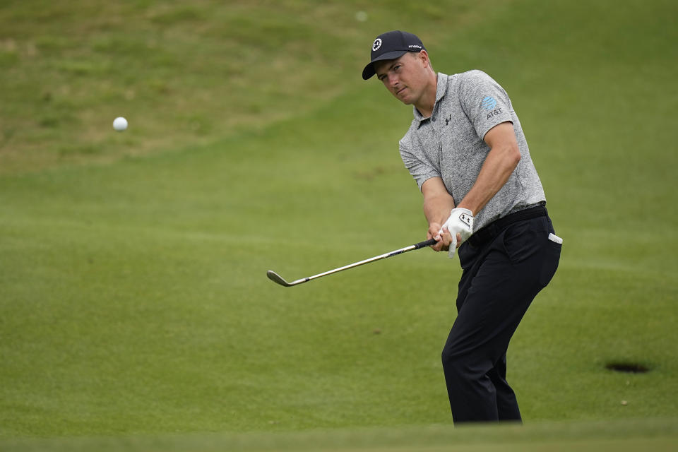 Jordan Spieth chips on the fifth hole during the first round of the Dell Technologies Match Play Championship golf tournament in Austin, Texas, Wednesday, March 22, 2023. (AP Photo/Eric Gay)