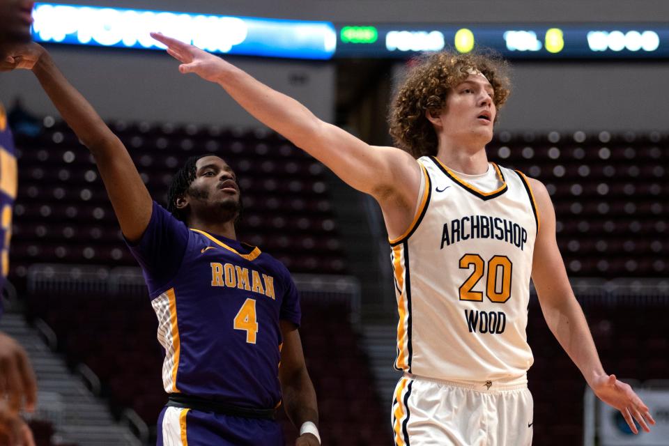 Archbishop Wood's Carson Howard (20) makes his point during the Vikings' PIAA state championship game loss to Roman Catholic in March 2022.