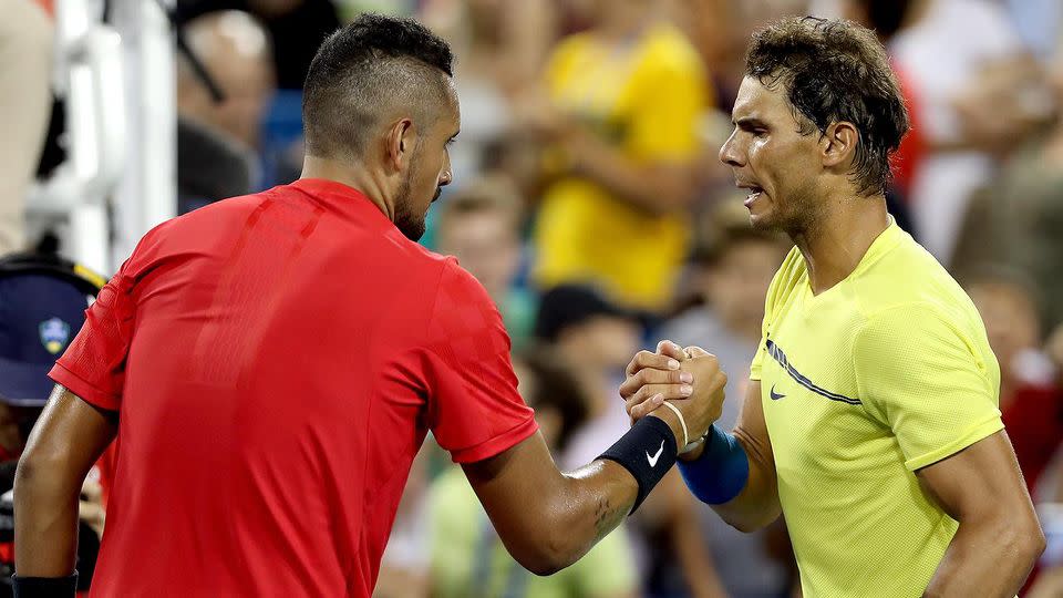 Kyrgios and Nadal embrace at the net. Pic: Getty