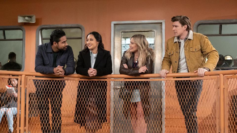 how i met your father “not a mamma mia” episode 212 sophie recruits the gang to help track down her father sid suraj sharma, valentina francia raisa, sophie hilary duff, and jesse christopher lowell, shown photo by patrick wymorehulu