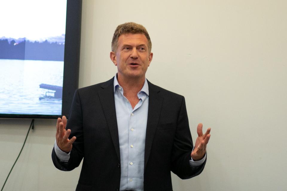 Greg Gushee of Related Companies provides background information on a revised plan for the Tuxedo Farms project at a town hall meeting in Tuxedo on Monday, Sept. 27, 2021.