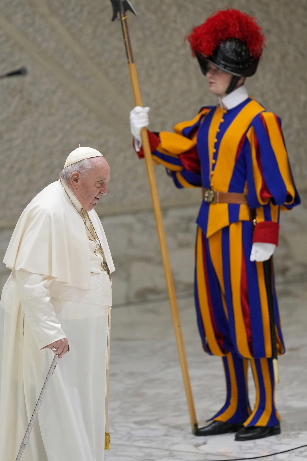 Pope Francis arrives for his weekly general audience in the Pope Paul VI hall at the Vatican, Wednesday, Jan. 4, 2023. (AP Photo/Andrew Medichini)