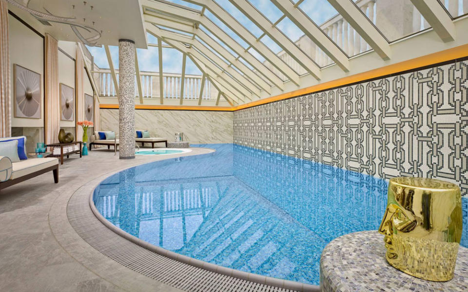 The spa at the Ritz-Carlton Budapest has an atmospheric swimming pool and whirlpool, well-equipped gym, sauna, steam room and several treatment rooms - Copyright 2016 Matthew Shaw. Not for use by architects, interior designers or other hotel suppliers without permission from Matt