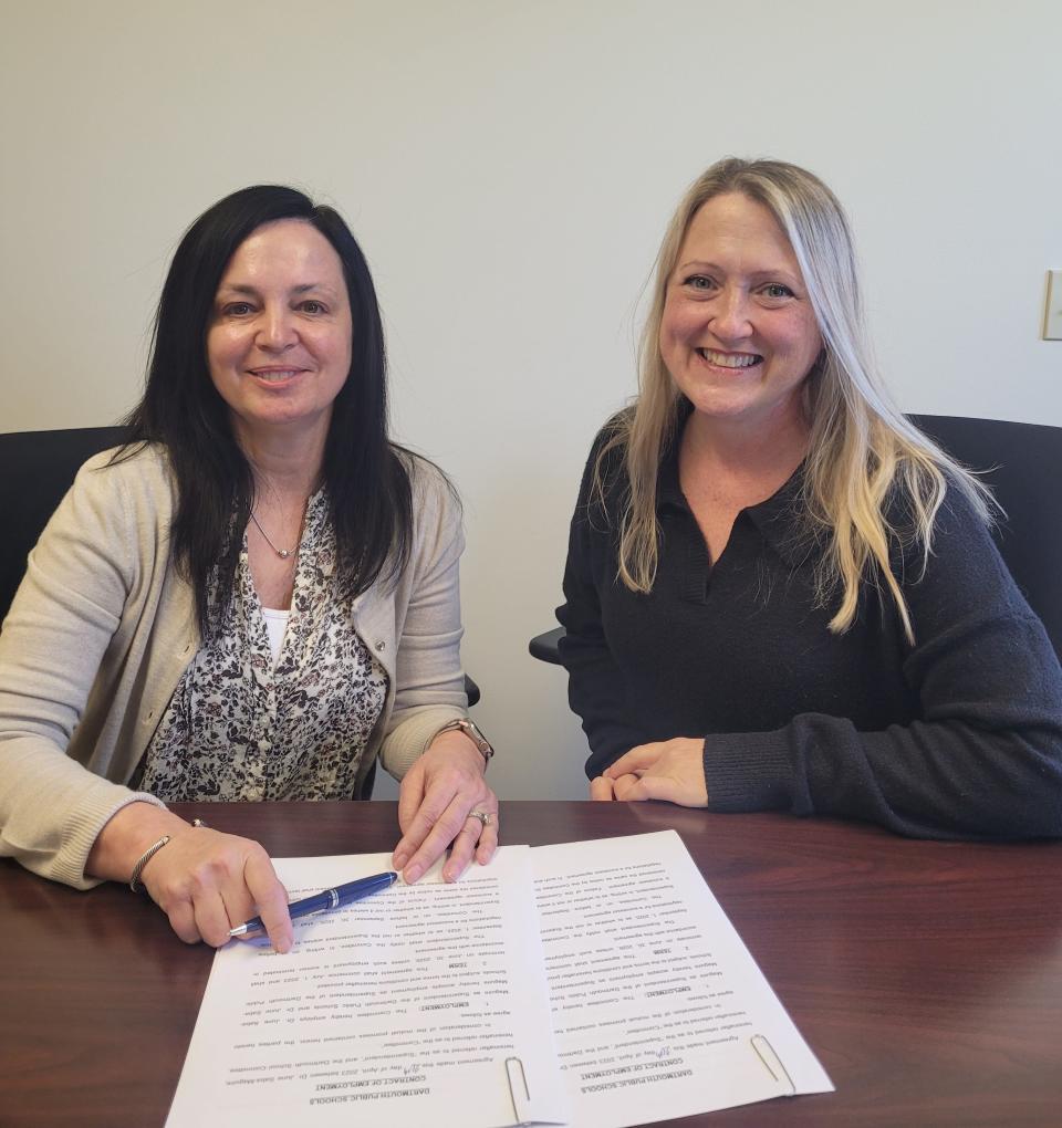 Brockton Public Schools Assistant Superintendent Dr. June Saba-Maguire, soon to be Dartmouth's next superintendent, is seen with Dartmouth School Committee Chair Kathleen Amaral Thursday morning after finalizing an agreement with the district.