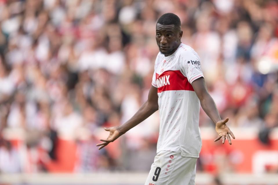 STUTTGART, GERMANY: Serhou Guirassy of VfB Stuttgart reacts during the Bundesliga match between VfB Stuttgart and 1. FC Heidenheim 1846 at MHPArena on March 31, 2024. (Photo by Christian Kaspar-Bartke/Getty Images)