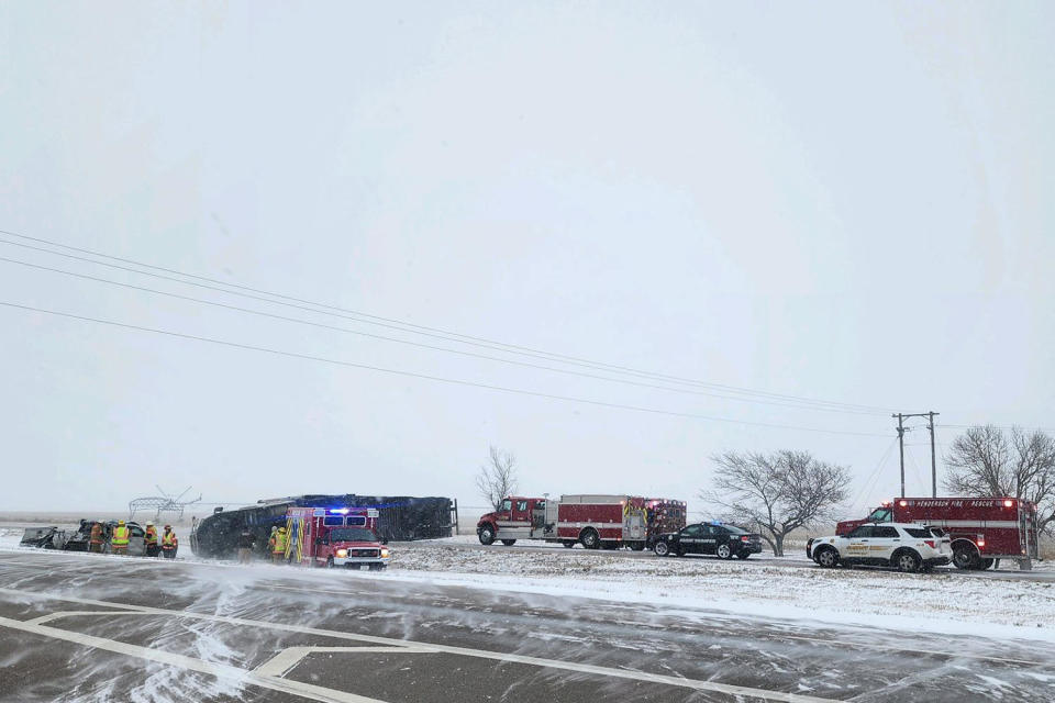 The Nebraska State Patrol said that the storm was causing problems and posted pictures to social media of tractor-trailers that had partially slid off the road. (Nebraska State Patrol / via X)