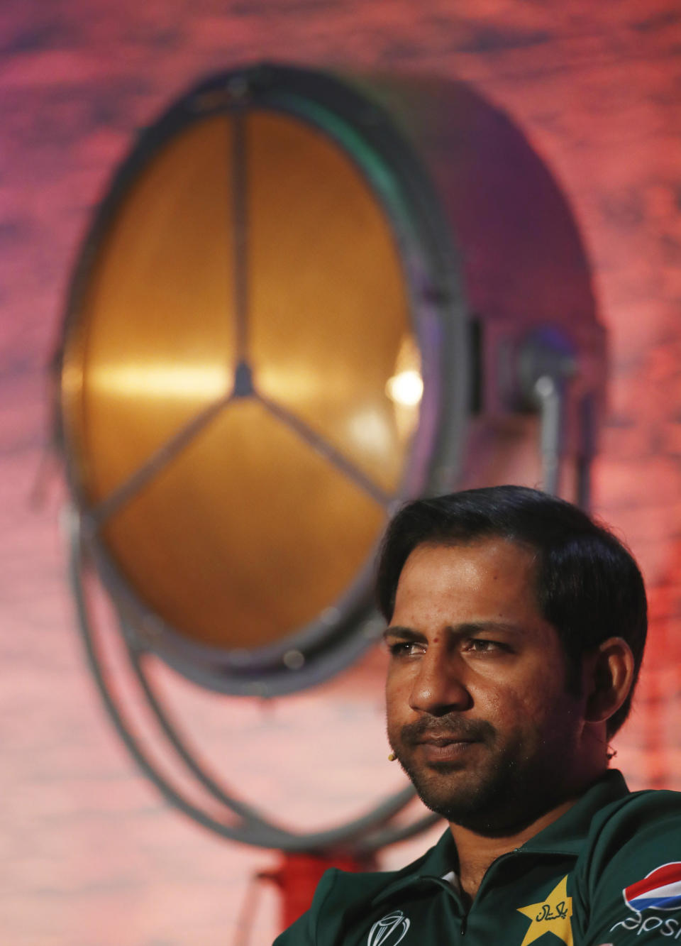 Pakistan's Sarfaraz Ahmed sits, during the Captains' Press Conference, in London, Thursday, May 23, 2019. The Cricket World Cup starts on Thursday May 30. (Andrew Boyers/Pool Photo via AP)