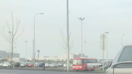 A still image from a video footage taken on April 17, 2018 shows a bus transferring Russian private military contractors leaving an airport outside Rostov-on-Don, Russia. REUTERS/Stringer