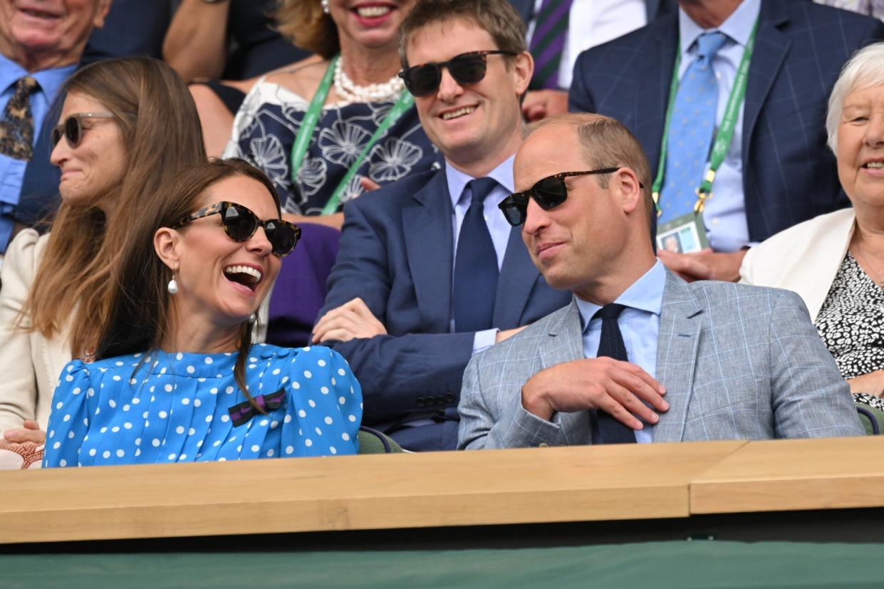 Kate Middleton Smiling Blue Polka Dot Dress Prince William Sitting 2022 Wimbledon
