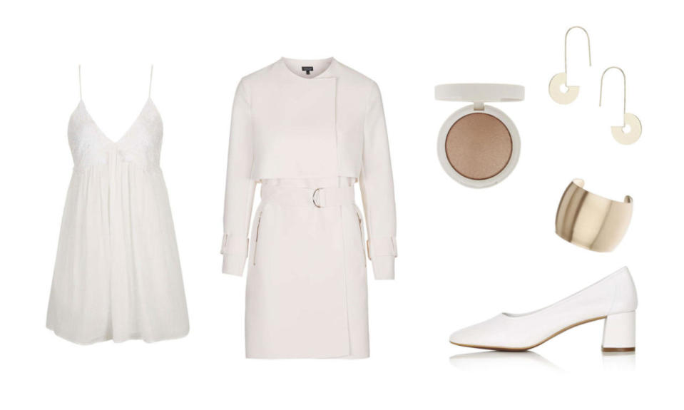 Choose an oversized coat and mini dress – all in white to mimic Emma’s perfectly polished winter dream look.