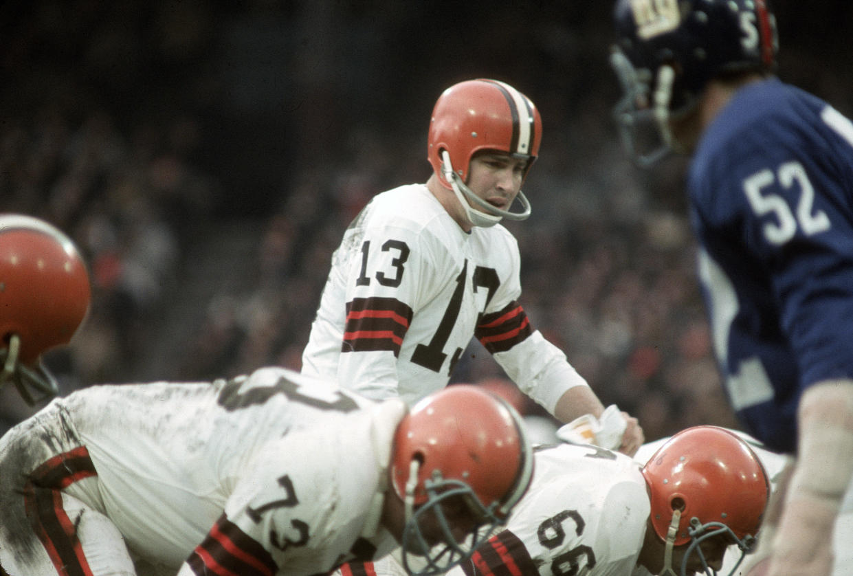NEW YORK - OCTOBER 13:  Frank Ryan #13 of the Cleveland Browns in action against the New York Giants during an NFL football game October 13, 1963 at Yankee Stadium in the Bronx borough of New York City. Ryan played for the Browns from 1962-68. (Photo by Focus on Sport/Getty Images) 