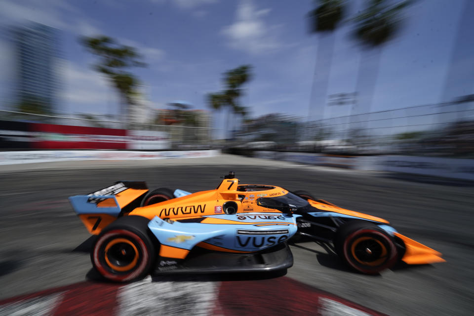 Arrow McLaren SP driver Felix Rosenqvist (7) of Sweden competes in an IndyCar auto race at the Grand Prix of Long Beach on Sunday, April 10, 2022, in Long Beach, Calif. (AP Photo/Ashley Landis)