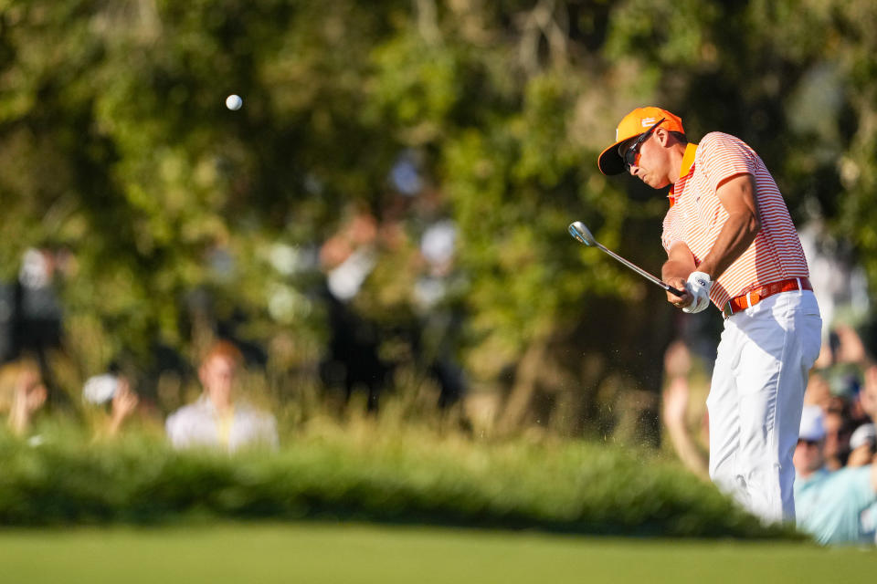 Rickie Fowler chips to the green on the 14th hole during the final round of the U.S. Open golf tournament at Los Angeles Country Club on Sunday, June 18, 2023, in Los Angeles. (AP Photo/Lindsey Wasson)