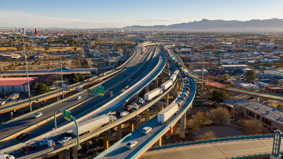 A vandalism spree has been targeting vehicles waiting in line to enter Mexico. An aerial view shows traffic leading to the Bridge of the Americas international port of entry into Juárez from El Paso at the Spaghetti Bowl on Feb. 10, 2021.