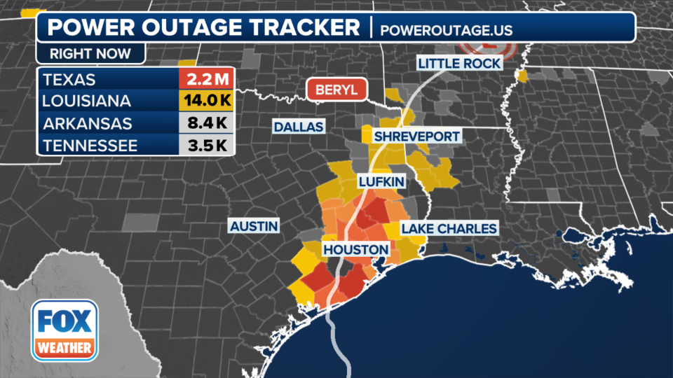 This graphic shows power outages in Texas from Hurricane Beryl on Tuesday, July 9, 2024.