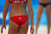 BEIJING - AUGUST 14: Ingrid Toerlen of Norway is pictured in the beach volleyball event at the Chaoyang Park Beach Volleyball Ground during Day 6 of the Beijing 2008 Olympic Games on August 14, 2008 in Beijing, China. (Photo by Clive Rose/Getty Images)