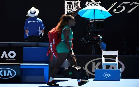 Serena Williams of USA leaves the court after Australian Open 2019 Women's Singles match against Karolina Pliskova (not seen) of Czech Republic in Melbourne, Australia on January 23, 2019. Pliskova advanced to the semifinals after winning 2-1. - Credit: Getty Images