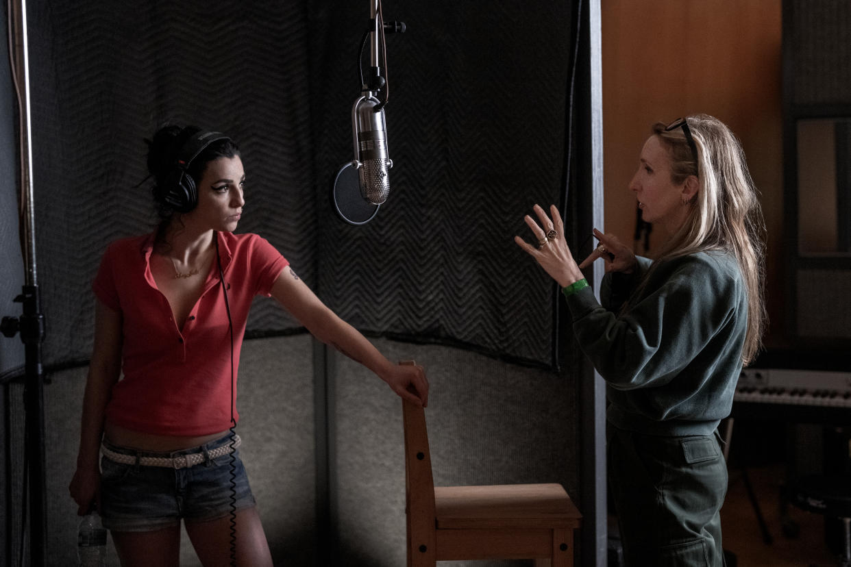 Actress Marisa Abela and director Sam Taylor-Johnson on the set of Amy Winehouse biopic 