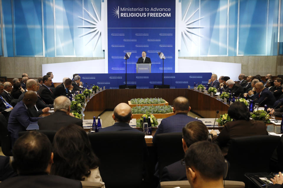 Secretary of State Mike Pompeo speaks at the Ministerial to Advance Religious Freedom, Thursday, July 18, 2019, at the U.S. State Department in Washington. (AP Photo/Patrick Semansky)