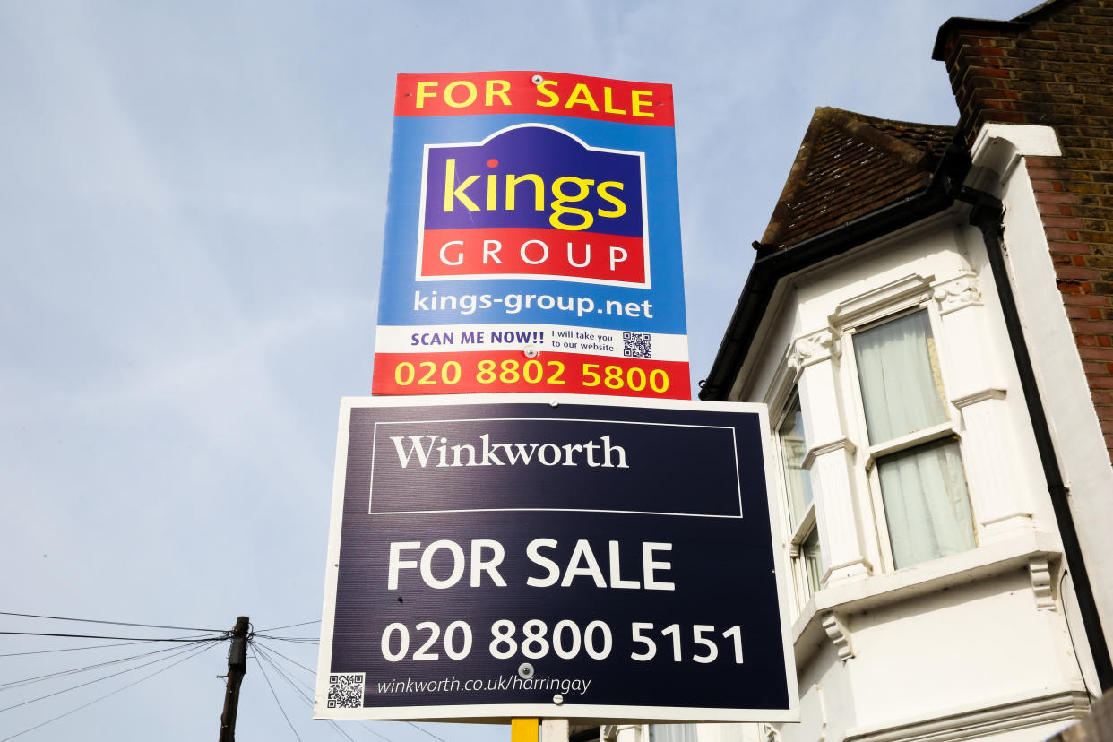 Estate agents property for sale boards on display outside a residential property in north London. The number of house sales increased in August 2019 according to Rightmove, up 6.1\% a year earlier. (Photo by Dinendra Haria / SOPA Images/Sipa USA)