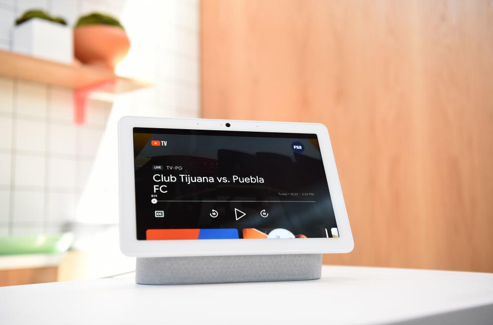 This photo shows a new Google Nest Hub Max on display during the Google I/O conference at Shoreline Amphitheatre in Mountain View, California on May 7, 2019. (Photo by Josh Edelson / AFP)        (Photo credit should read JOSH EDELSON/AFP via Getty Images)