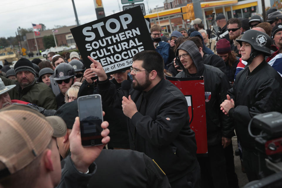 <p>Matthew Heimbach of the Tradistionalist Workers Party speaks to participants at a white nationalist’s rally on Oct. 28, 2017 in Shelbyville, Tenn. (Photo: Scott Olson/Getty Images) </p>