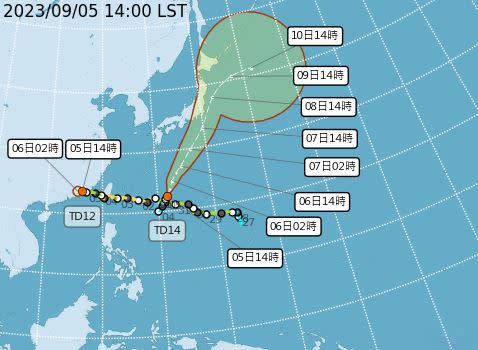 原熱帶性低氣壓TD14已正式增強為颱風「鴛鴦」。（圖／氣象局）