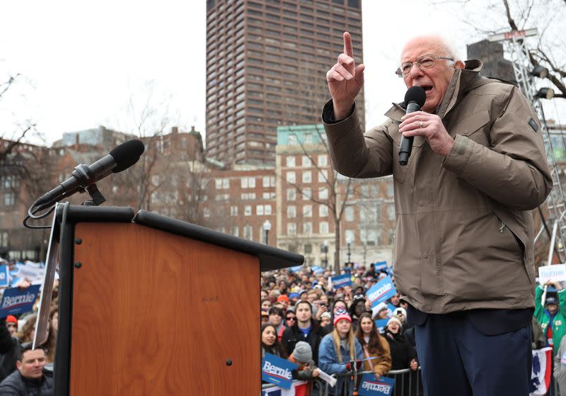 Democratic 2020 U.S. presidential candidate Senator Bernie Sanders gestures as he speaks during his rally in Boston