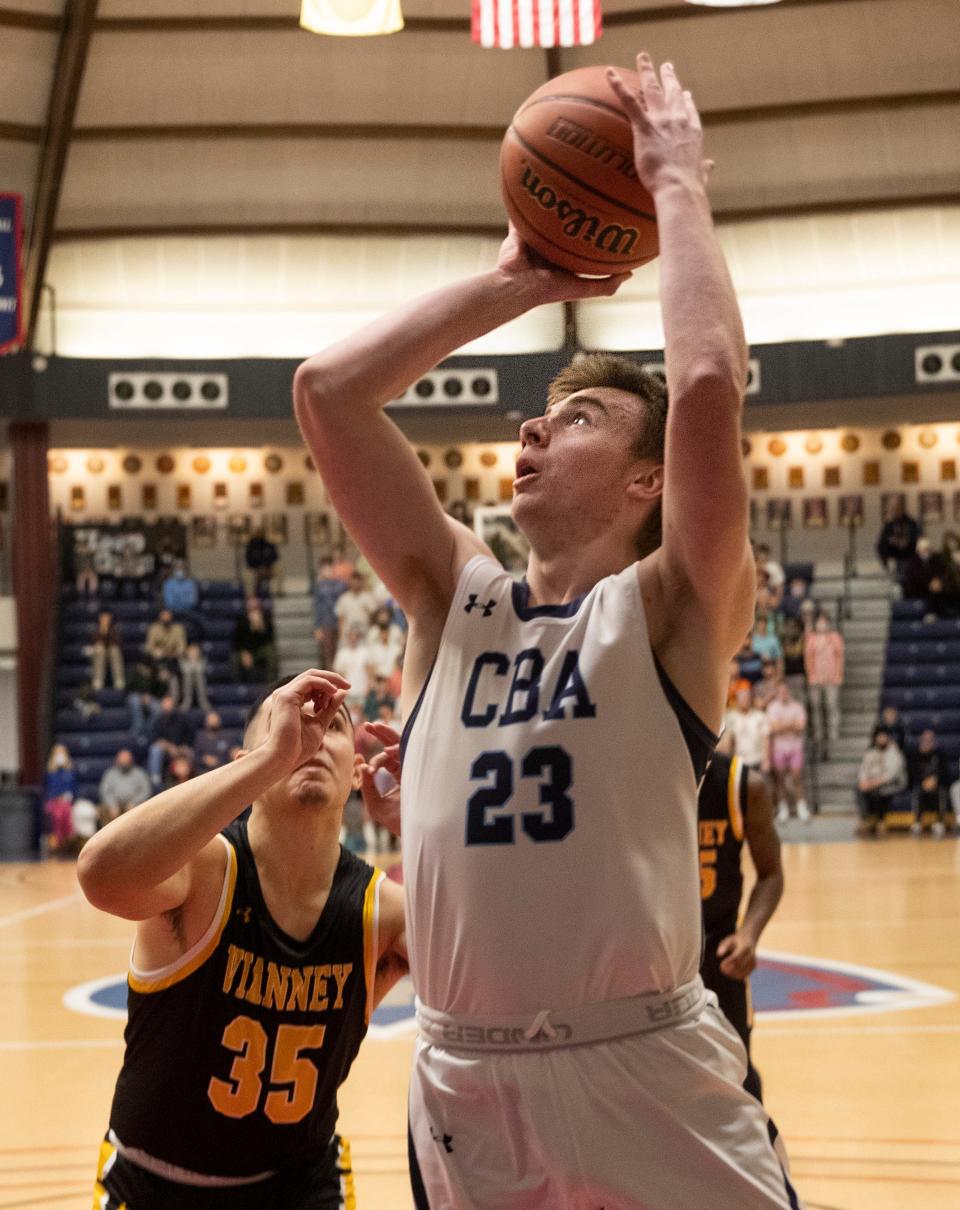 CBA Will Bradley goes up with a first half shot. Christian Brothers defeats  St. John Vainly Boys Basketball 53-47 in Middletown, NJ, on January 8, 2022.