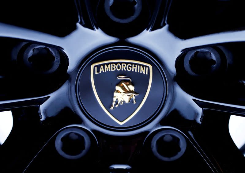 FILE PHOTO: The wheel hub of a Lamborghini car is seen during the 87th International Motor Show at Palexpo in Geneva