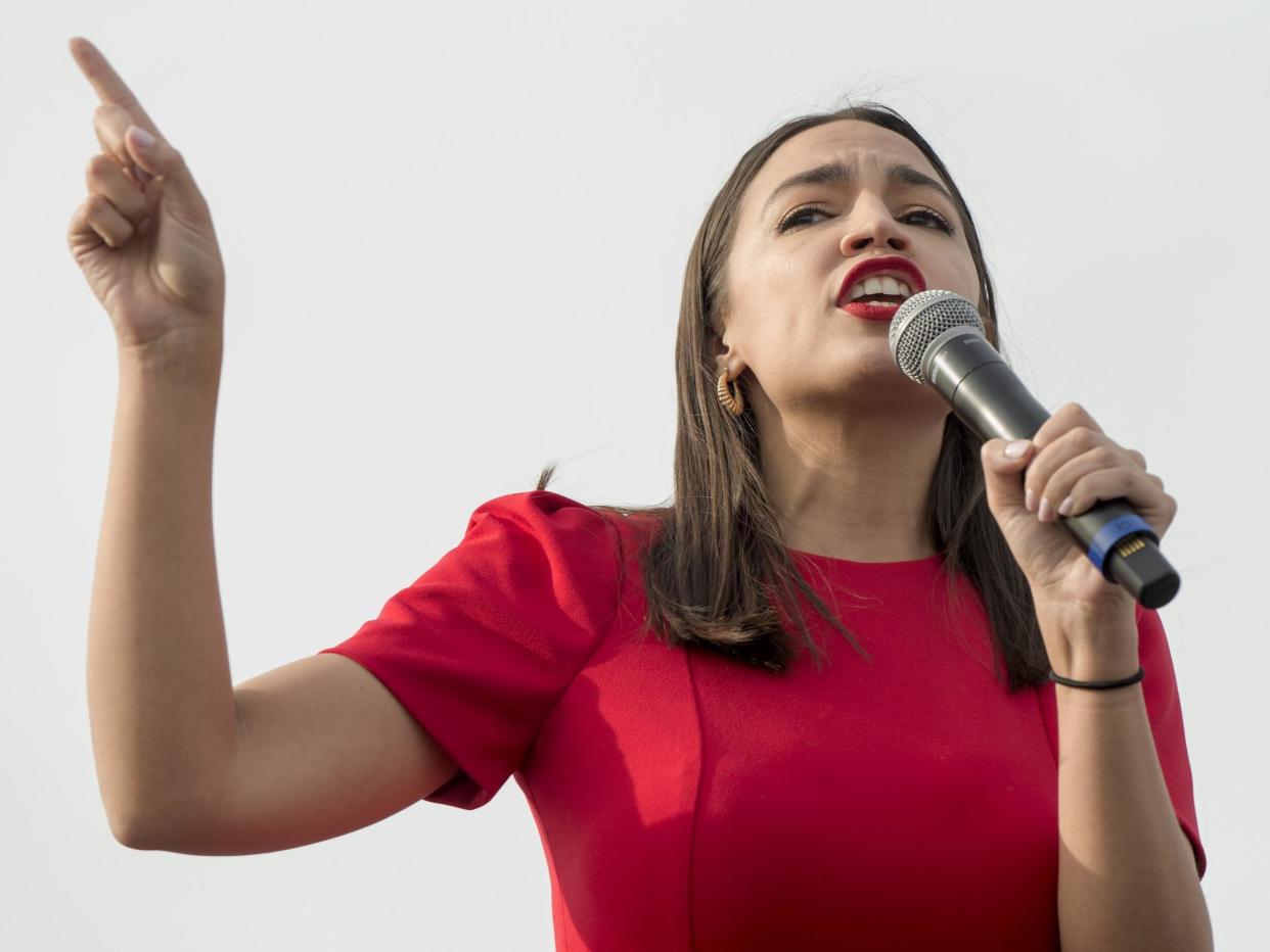 Ocasio-Cortez at a Bernie Sanders rally in Venice Beach, Los Angeles, in December: Rex