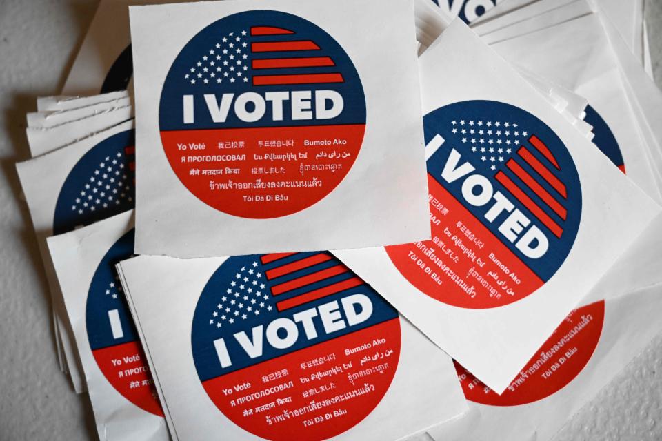 "I Voted' stickers are seen during early voting ahead of the US midterm elections in Los Angeles, California, on November 1, 2022.