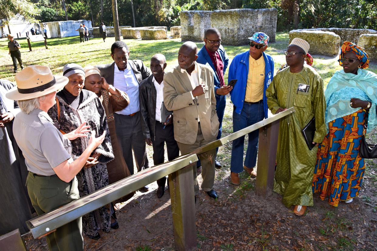 A  2017 tour group from Senegal in west Africa that includes a descendant of Anna Madgigine Jai Kingsley's father examines Kingsley Plantation, which she managed at times for Zephaniah Kingsley.