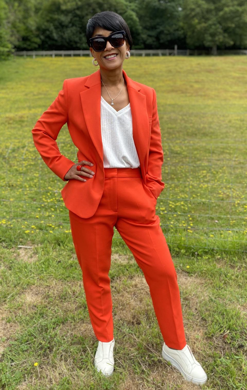 Chantelle Znideric found this second-hand French Connection suit on the app Vinted, for only £15 – it would have been approx. £180 new. (Supplied)