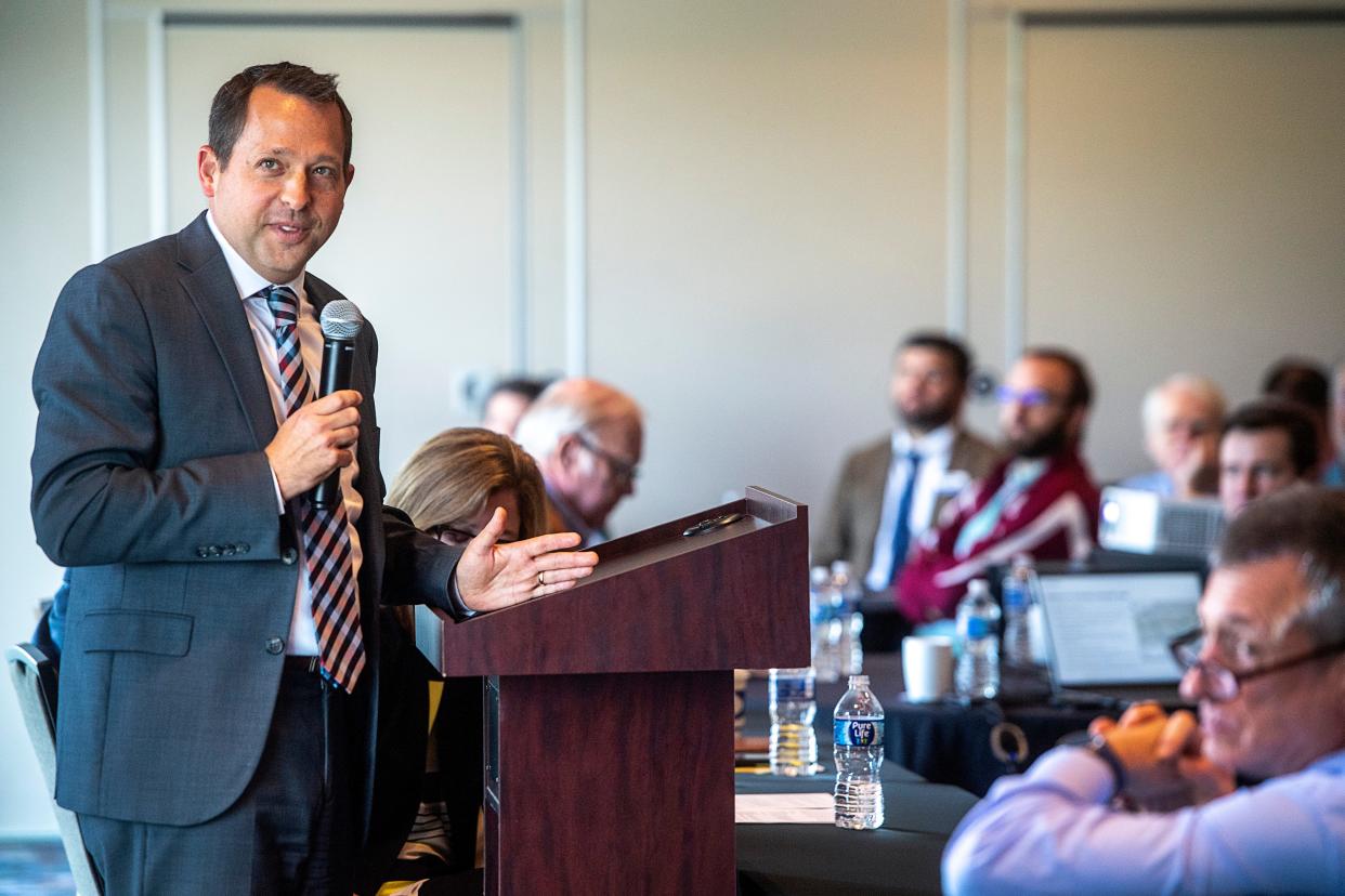 Jason Orthner, Director of NCDOT Rail Division, gives an overview of the state rail plan at the DoubleTree Hotel in Asheville, September 20, 2023.