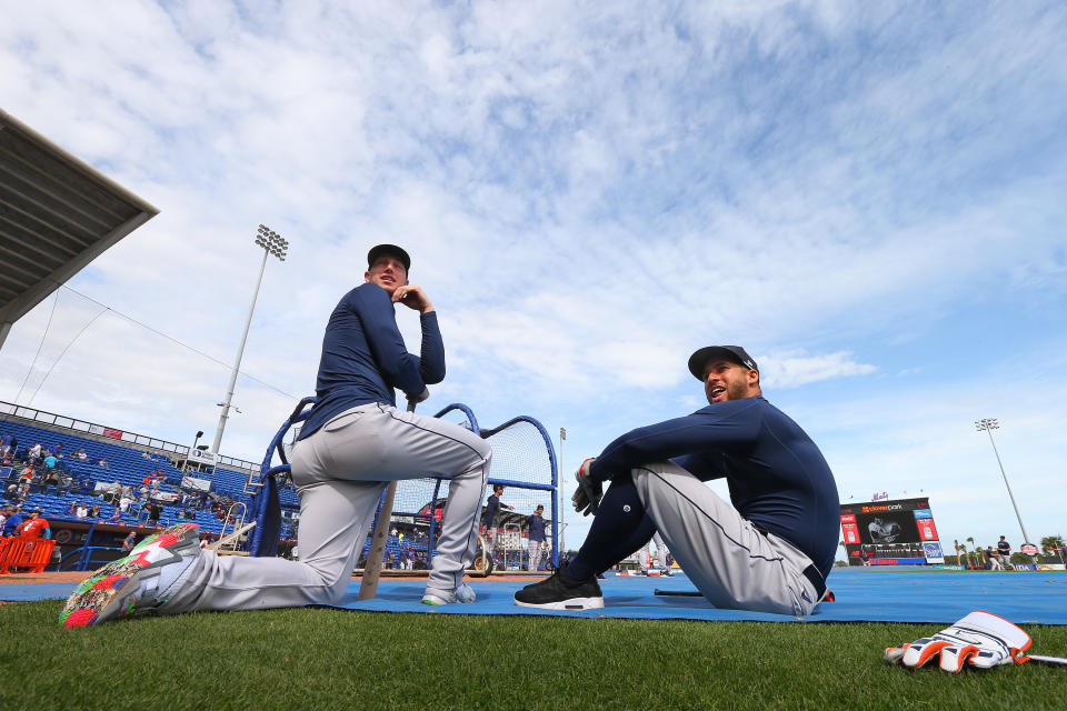 PORT ST. LUCIE, FL - MARCH 08: Kyle Tucker #30 and George Springer #4 of the Houston Astros on the field during batting practice before a spring training baseball game against the New York Mets at Clover Park on March 8, 2020 in Port St. Lucie, Florida. (Photo by Rich Schultz/Getty Images)