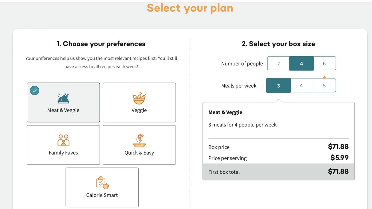 Meal kit plan selection and pricing information